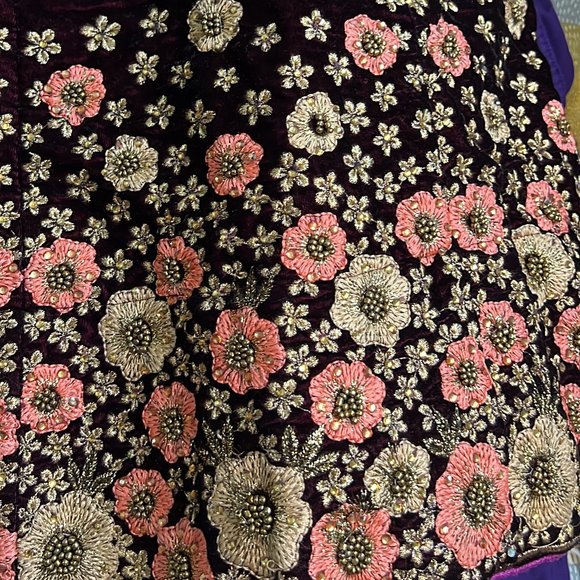 Grand Wine Coloured Lehenga Embellished with Pink and Gold Embroidered Flowers - Picture 14 of 17